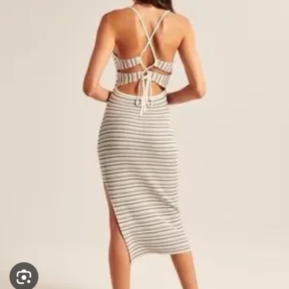 Abercrombie Lace Up Ribbed Midi Dress in Navy Stripe - Picture 3 of 8